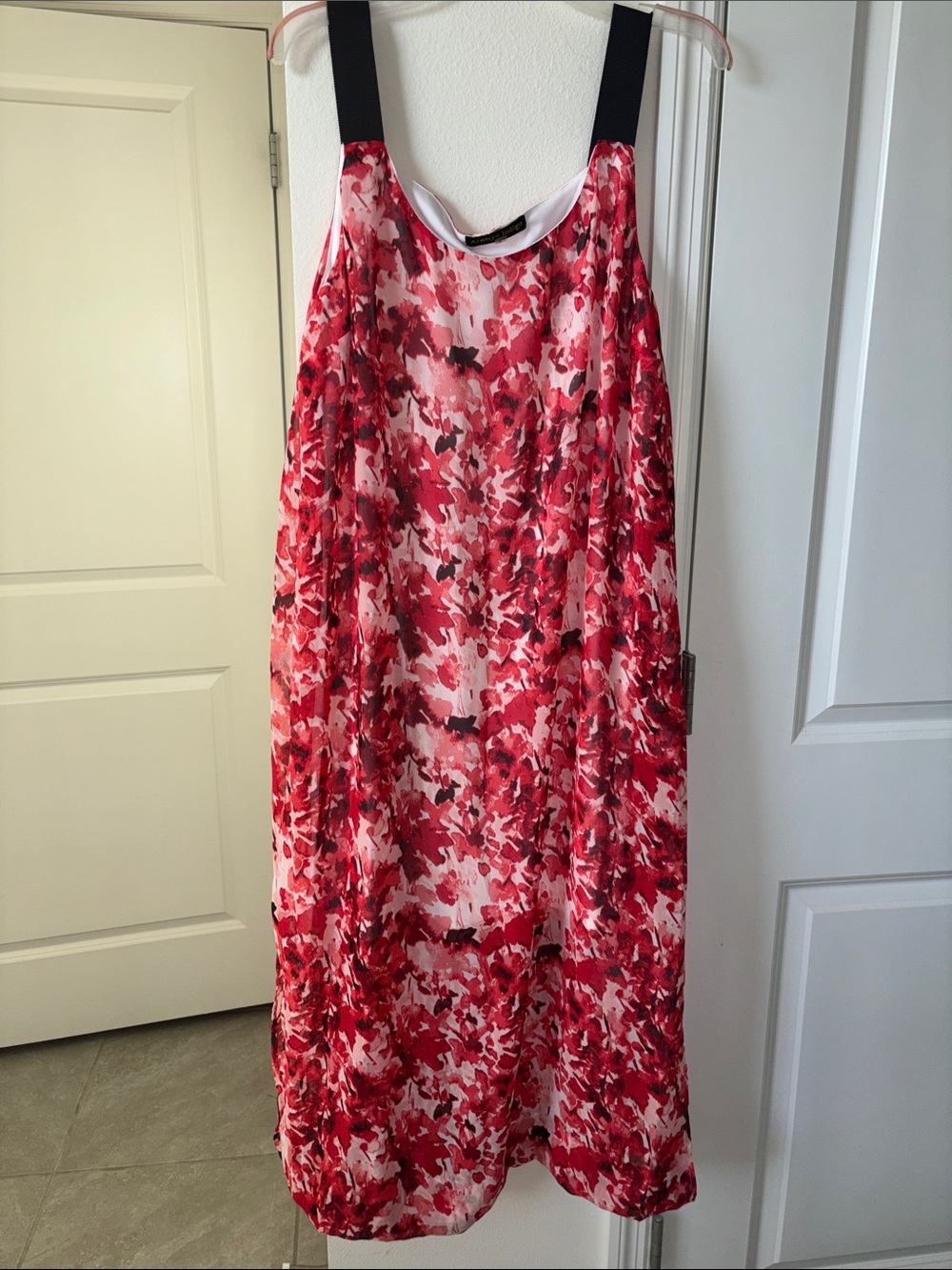 Women’s Red Floral-Print Midi Dress with Black Straps